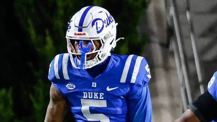 Oct 26, 2024; Durham, North Carolina, USA; Duke Blue Devils cornerback Kimari Robinson (5) and defensive tackle Aaron Hall (99) celebrate during the second half of the game against Southern Methodist Mustangs at Wallace Wade Stadium. Mandatory Credit: Jaylynn Nash-Imagn Images Oct 26, 2024; Durham, North Carolina, USA; Duke Blue Devils cornerback Kimari Robinson (5) and defensive tackle Aaron Hall (99) celebrate during the second half of the game against Southern Methodist Mustangs at Wallace Wade Stadium. Mandatory Credit: Jaylynn Nash-Imagn Images