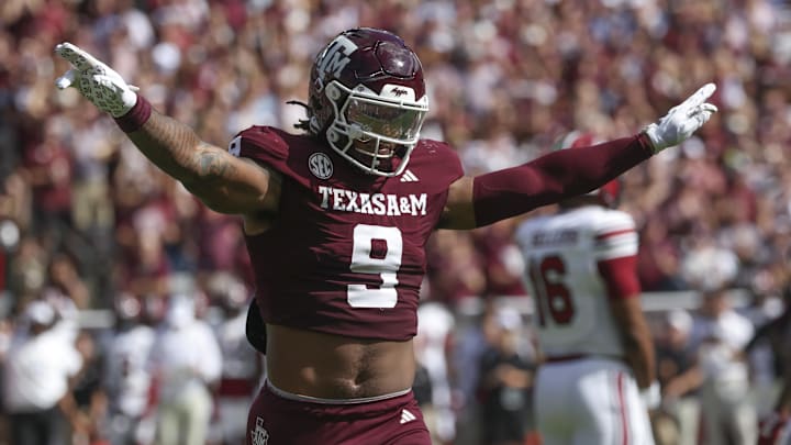 Texas A&M Aggies defensive end Cashius Howell reacts after a play against the South Carolina Gamecocks at Kyle Field.