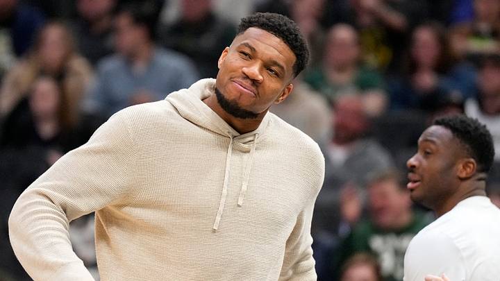 Milwaukee Bucks forward Giannis Antetokounmpo reacts (Mandatory Credit: Jeff Hanisch-Imagn Images)