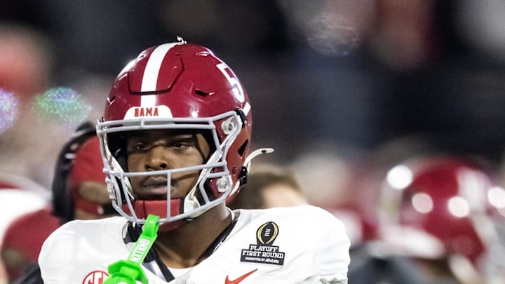 Dec 19, 2025; Norman, OK, USA; Alabama Crimson Tide wide receiver Germie Bernard (5) against the Oklahoma Sooners during the CFP National Playoff First Round at Gaylord Family Oklahoma Memorial Stadium. Mandatory Credit: Mark J. Rebilas-Imagn Images Dec 19, 2025; Norman, OK, USA; Alabama Crimson Tide wide receiver Germie Bernard (5) against the Oklahoma Sooners during the CFP National Playoff First Round at Gaylord Family Oklahoma Memorial Stadium. Mandatory Credit: Mark J. Rebilas-Imagn Images