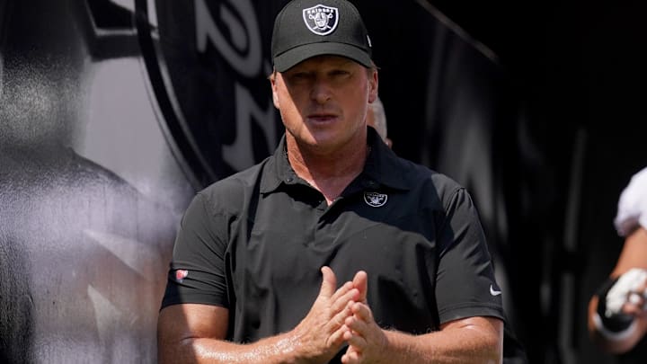 Aug 29, 2021; Santa Clara, California, USA; Las Vegas Raiders head coach Jon Gruden walks onto the field before the start of the game against the San Francisco 49ers at Levi's Stadium. Mandatory Credit: Cary Edmondson-Imagn Images