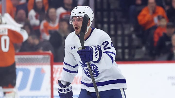 Jan 8, 2026; Philadelphia, Pennsylvania, USA; Toronto Maple Leafs center Scott Laughton (24) reacts after scoring against Philadelphia Flyers goaltender Dan Vladar (80) during the third period at Xfinity Mobile Arena. Mandatory Credit: Bill Streicher-Imagn Images Jan 8, 2026; Philadelphia, Pennsylvania, USA; Toronto Maple Leafs center Scott Laughton (24) reacts after scoring against Philadelphia Flyers goaltender Dan Vladar (80) during the third period at Xfinity Mobile Arena. Mandatory Credit: Bill Streicher-Imagn Images