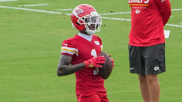 Jul 29, 2026; St. Joseph, MO, USA; Kansas City Chiefs wide receiver Xavier Worthy (1) runs the ball during training camp at Missouri Western State University. Mandatory Credit: Denny Medley-Imagn Images Jul 29, 2026; St. Joseph, MO, USA; Kansas City Chiefs wide receiver Xavier Worthy (1) runs the ball during training camp at Missouri Western State University. Mandatory Credit: Denny Medley-Imagn Images