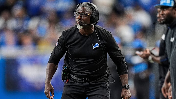 Detroit Lions defensive coordinator Aaron Glenn reacts to a play against Los Angeles Rams Detroit Lions defensive coordinator Aaron Glenn reacts to a play against Los Angeles Rams