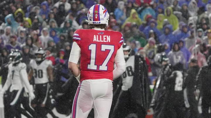 Buffalo Bills quarterback Josh Allen waits on the field to see if the officials will call the play an incomplete pass or a fumble during first half action against the Philadelphia Eagles at Highmark Stadium in Orchard Park on Dec. 28, 2025. It was called a fumble.