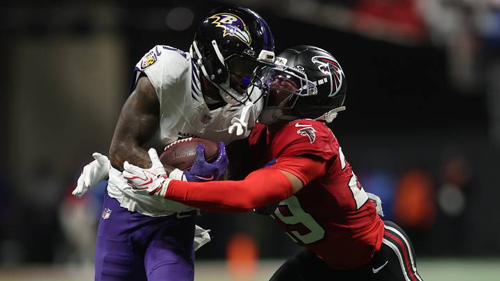 Baltimore Ravens wide receiver Rashod Bateman runs against Atlanta Falcons defensive back Sydney Brown Baltimore Ravens wide receiver Rashod Bateman runs against Atlanta Falcons defensive back Sydney Brown