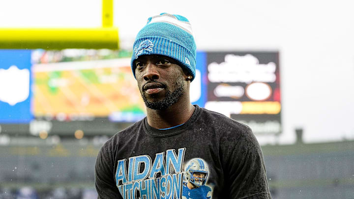 Detroit Lions cornerback Terrion Arnold walks off the field during warmups before the Green Bay Packers game at Lambeau Field in Green Bay, Wis. on Sunday, Nov. 3, 2024. He was wearing a T-shirt in support of injured teammate Aidan Hutchinson. Detroit Lions cornerback Terrion Arnold walks off the field during warmups before the Green Bay Packers game at Lambeau Field in Green Bay, Wis. on Sunday, Nov. 3, 2024. He was wearing a T-shirt in support of injured teammate Aidan Hutchinson.