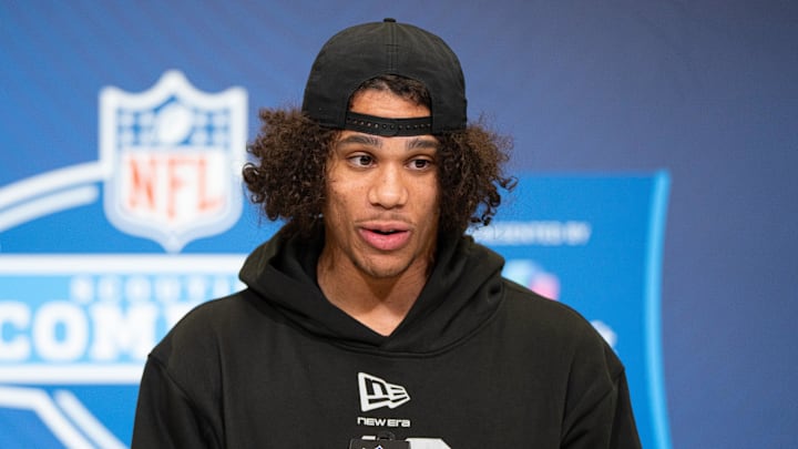 Feb 27, 2026; Indianapolis, IN, USA; Arizona State wideout Jordyn Tyson (WO40) speaks to members of the media during the NFL Combine at the Indiana Convention Center. 