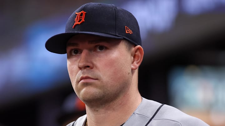 Apr 29, 2026; Atlanta, Georgia, USA; Detroit Tigers starting pitcher Tarik Skubal (29) in the dugout against the Atlanta Braves in the seventh inning at Truist Park. Mandatory Credit: Brett Davis-Imagn Images