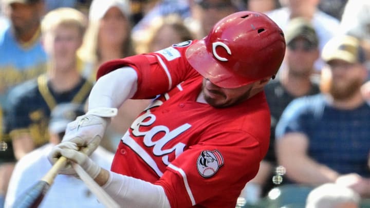 Cincinnati Reds left fielder Gavin Lux (2) breaks his bat Cincinnati Reds left fielder Gavin Lux (2) breaks his bat