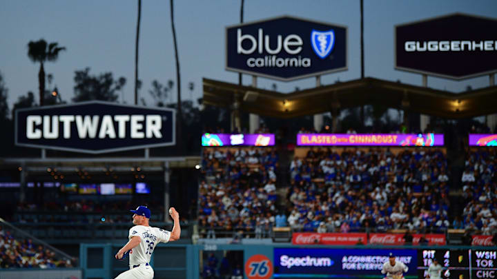 Apr 2, 2025; Los Angeles, California, USA; Los Angeles Dodgers pitcher Ben Casparius (78) throws against the Atlanta Braves during the sixth inning at Dodger Stadium. Apr 2, 2025; Los Angeles, California, USA; Los Angeles Dodgers pitcher Ben Casparius (78) throws against the Atlanta Braves during the sixth inning at Dodger Stadium.