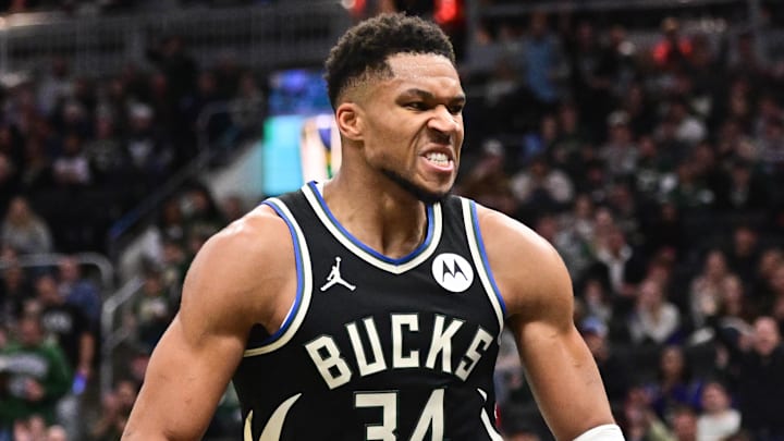 Nov 7, 2025; Milwaukee, Wisconsin, USA; Milwaukee Bucks forward Giannis Antetokounmpo (34) reacts after scoring a basket in the 3rd quarter against the Chicago Bulls at Fiserv Forum. Mandatory Credit: Benny Sieu-Imagn Images Nov 7, 2025; Milwaukee, Wisconsin, USA; Milwaukee Bucks forward Giannis Antetokounmpo (34) reacts after scoring a basket in the 3rd quarter against the Chicago Bulls at Fiserv Forum. Mandatory Credit: Benny Sieu-Imagn Images