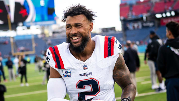 New England Patriots linebacker Harold Landry III exits the field after defeating the Tennessee Titans at Nissan Stadium in Nashville, Tenn., Sunday, Oct. 19, 2025.
