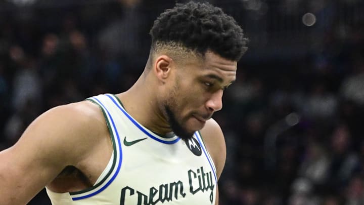 Jan 13, 2026; Milwaukee, Wisconsin, USA; Milwaukee Bucks forward Giannis Antetokounmpo (34) reacts in the second quarter against the Minnesota Timberwolves at Fiserv Forum. Mandatory Credit: Benny Sieu-Imagn Images