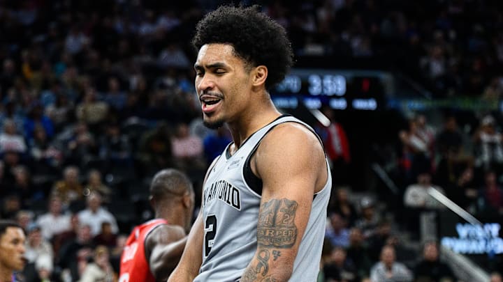 Apr 2, 2026; Inglewood, California, USA; San Antonio Spurs guard Dylan Harper (2) reacts after scoring during the second half against the Los Angeles Clippers at Intuit Dome. Mandatory Credit: William Liang-Imagn Images
