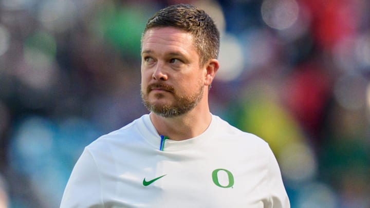 Oregon head coach Dan Lanning walks the field during warmups as the Oregon Ducks take on the Texas Tech Red Raiders in the Orange Bowl on Jan. 1, 2026, at Hard Rock Stadium in Miami, Florida. Oregon head coach Dan Lanning walks the field during warmups as the Oregon Ducks take on the Texas Tech Red Raiders in the Orange Bowl on Jan. 1, 2026, at Hard Rock Stadium in Miami, Florida.