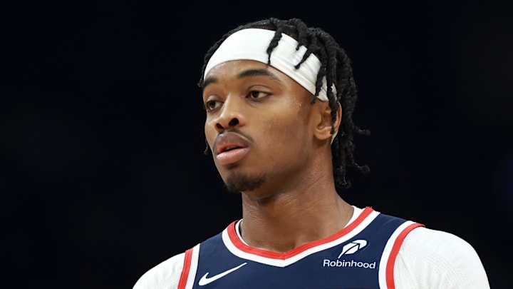 Jan 11, 2026; Phoenix, Arizona, USA; Washington Wizards guard Bilal Coulibaly (0) against the Phoenix Suns at Mortgage Matchup Center. Mandatory Credit: Mark J. Rebilas-Imagn Images