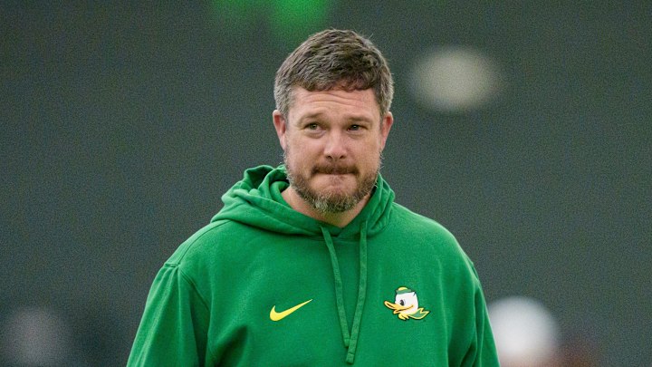 Oregon head coach Dan Lanning attends Oregon Pro Day on March 17, 2026, at the Moshofsky Center in Eugene, Oregon.