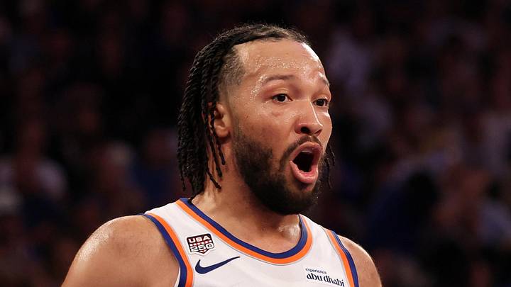 New York Knicks guard Jalen Brunson (11) reacts to a foul called by referee Marc Davis (8) in the third quarter during game three of the 2026 NBA Finals against the San Antonio Spurs at Madison Square Garden on June 8, 2026.