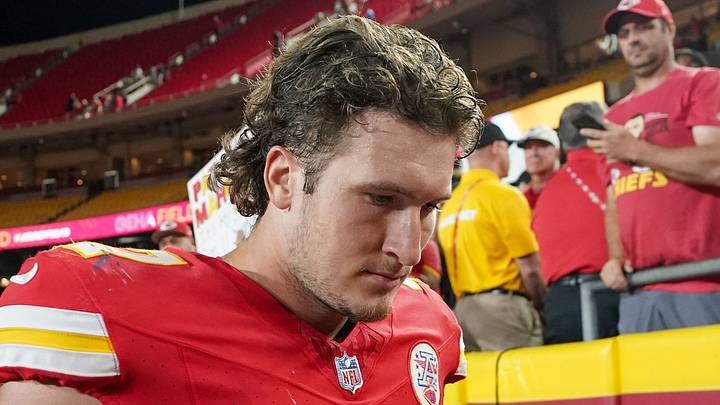 Aug 22, 2024; Kansas City, Missouri, USA; Kansas City Chiefs tight end Baylor Cupp (47) leaves the field after the game against the Chicago Bears at GEHA Field at Arrowhead Stadium. Mandatory Credit: Denny Medley-USA TODAY Sports Aug 22, 2024; Kansas City, Missouri, USA; Kansas City Chiefs tight end Baylor Cupp (47) leaves the field after the game against the Chicago Bears at GEHA Field at Arrowhead Stadium. Mandatory Credit: Denny Medley-USA TODAY Sports