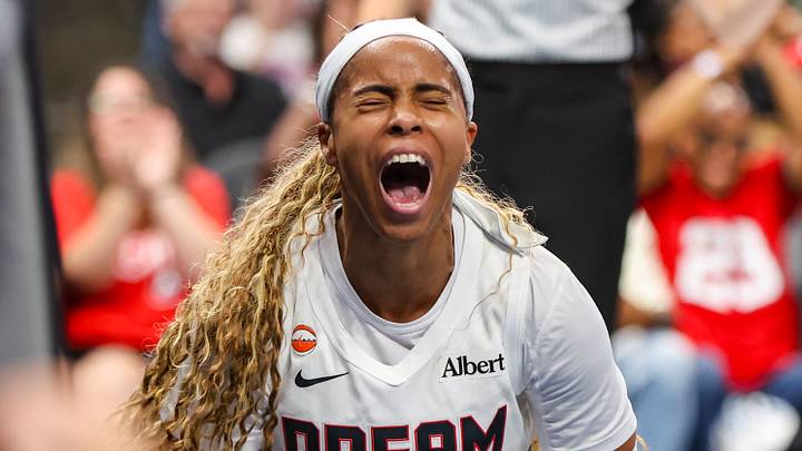 Atlanta, Georgia, USA; Atlanta Dream guard Jordin Canada (3) celebrates after a basket against the New York Liberty in the third quarter during game one of the second round for the 2026 WNBA Playoffs at State Farm Arena on October 4, 2026.