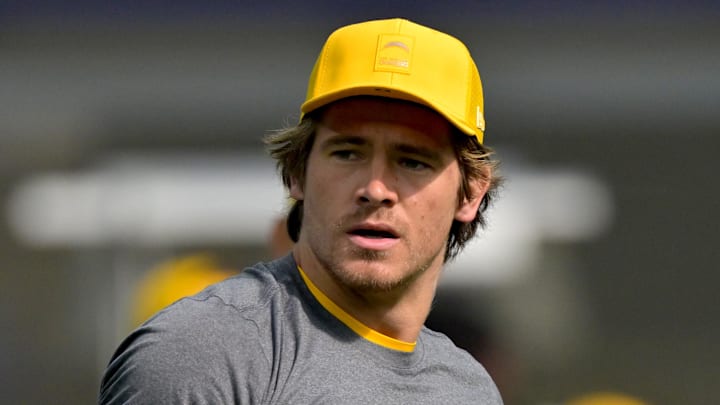 Oct 19, 2025; Inglewood, California, USA;  Los Angeles Chargers quarterback Justin Herbert (10) warms up prior to the game against the Indianapolis Colts at SoFi Stadium. Mandatory Credit: Jayne Kamin-Oncea-Imagn Images