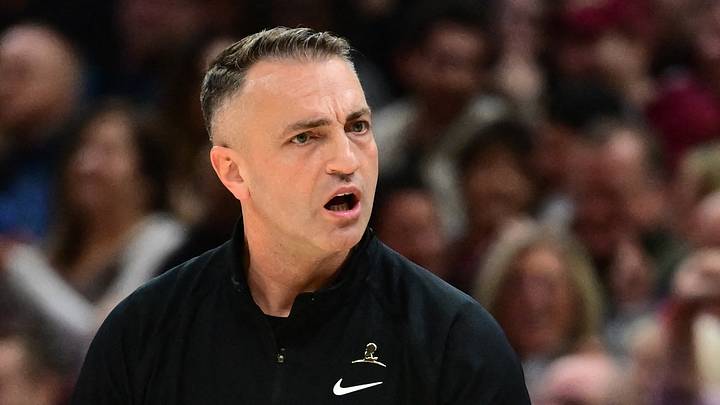 Nov 24, 2024; Cleveland, Ohio, USA; Toronto Raptors head coach Darko Rajakovic reacts during the first half against the Cleveland Cavaliers at Rocket Mortgage FieldHouse. Mandatory Credit: Ken Blaze-Imagn Images