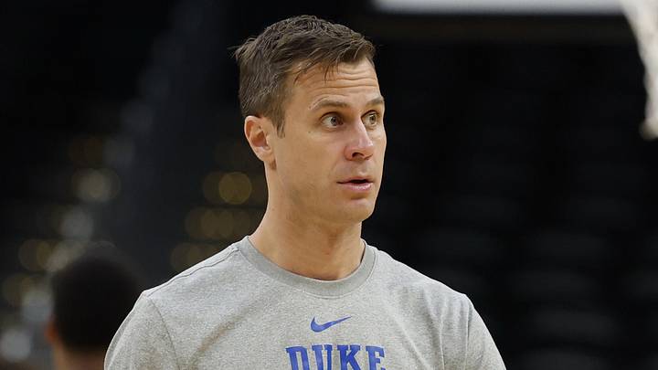 Mar 26, 2026; Washington, DC, USA; Duke Blue Devils head coach Jon Scheyer stands on the court during a practice session ahead of the east regional of the men's 2026 NCAA Tournament at Capital One Arena. Mandatory Credit: Geoff Burke-Imagn Images