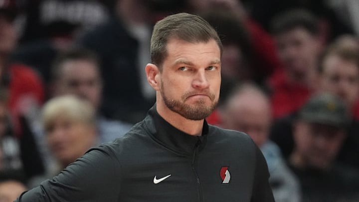Feb 24, 2026; Portland, Oregon, USA; Portland Trail Blazers Interim Head Coach Tiago Splitter watches from the sideline during the first half against the Minnesota Timberwolves at Moda Center. Mandatory Credit: Soobum Im-Imagn Images
