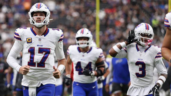 Oct 18, 2026; Paradise, Nevada, USA;  Buffalo Bills quarterback Josh Allen (17) runs off the field after warm ups prior to the game against the Las Vegas Raiders at Allegiant Stadium.  Mandatory Credit: David Brytus-Imagn Images