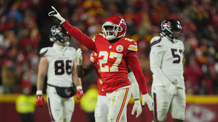 Jan 18, 2025; Kansas City, Missouri, USA; Kansas City Chiefs safety Chamarri Conner (27) reacts after a tackle against the Houston Texans during the fourth quarter of a 2025 AFC divisional round game at GEHA Field at Arrowhead Stadium. Mandatory Credit: Jay Biggerstaff-Imagn Images Jan 18, 2025; Kansas City, Missouri, USA; Kansas City Chiefs safety Chamarri Conner (27) reacts after a tackle against the Houston Texans during the fourth quarter of a 2025 AFC divisional round game at GEHA Field at Arrowhead Stadium. Mandatory Credit: Jay Biggerstaff-Imagn Images