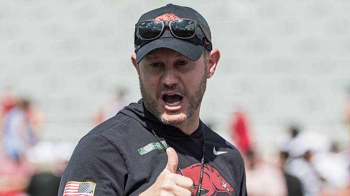 Arkansas Razorbacks coach Ryan Silverfield talks to his team after the spring game at Razorback Stadium. Arkansas Razorbacks coach Ryan Silverfield talks to his team after the spring game at Razorback Stadium.