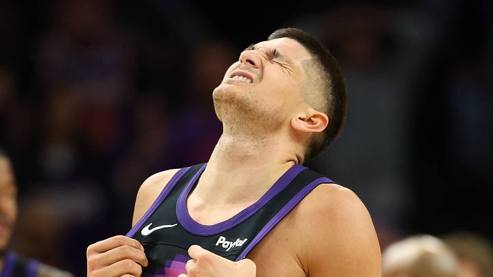 Phoenix, Arizona, USA; Phoenix Suns guard Grayson Allen (8) reacts against the Orlando Magic in overtime at Mortgage Matchup Center on Feb 21, 2026.