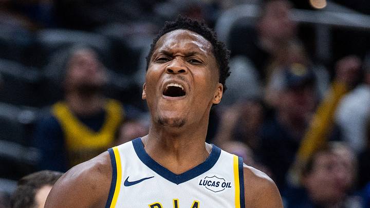 Indiana Pacers guard/forward Bennedict Mathurin (00) celebrates a made shot in the second half against the Chicago Bulls at Gainbridge Fieldhouse on January 28, 2026.