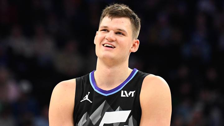 Walker Kessler #24 of the Utah Jazz looks on during the first half of a game against the Minnesota Timberwolves. (Photo by Alex Goodlett/Getty Images)
