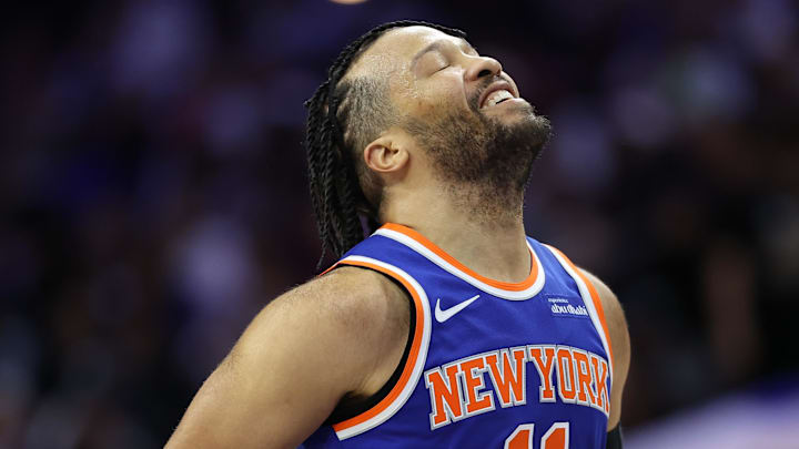 May 8, 2026; Philadelphia, Pennsylvania, USA; New York Knicks guard Jalen Brunson (11) reacts after a play against the Philadelphia 76ers during the fourth quarter of game three of the second round of the 2026 NBA Playoffs at Xfinity Mobile Arena. Mandatory Credit: Bill Streicher-Imagn Images