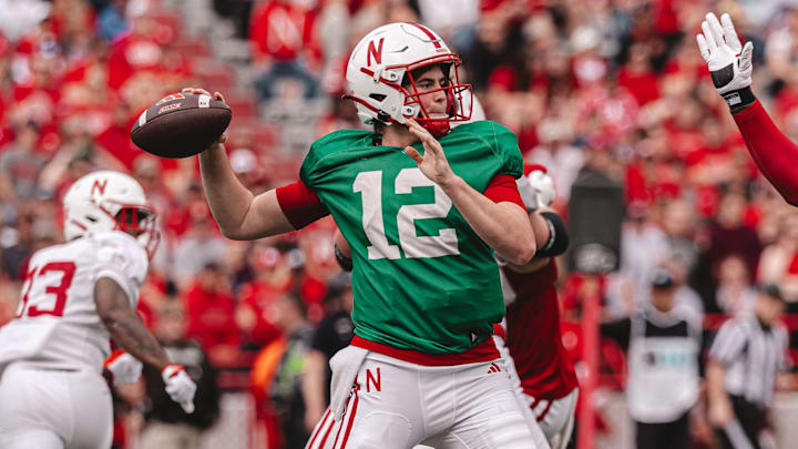 Daniel Kaelin winds up to pass during Nebraska's 2024 spring game.