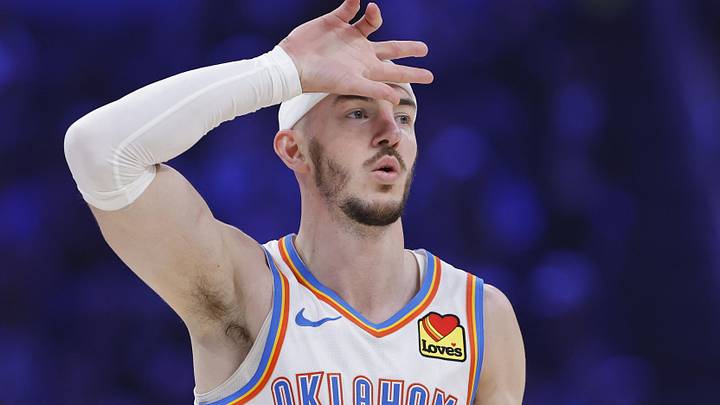 Feb 12, 2026; Oklahoma City, Oklahoma, USA; Oklahoma City Thunder guard Alex Caruso (9) gestures after scoring a three point basket against the Milwaukee Bucks during the first half at Paycom Center. Mandatory Credit: Alonzo Adams-Imagn Images Feb 12, 2026; Oklahoma City, Oklahoma, USA; Oklahoma City Thunder guard Alex Caruso (9) gestures after scoring a three point basket against the Milwaukee Bucks during the first half at Paycom Center. Mandatory Credit: Alonzo Adams-Imagn Images
