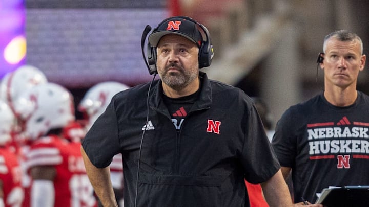 Nebraska Head Coach Matt Rhule looks up at the scoreboard during the second quarter of Nebraska's 34-3 victory against Northern Iowa.