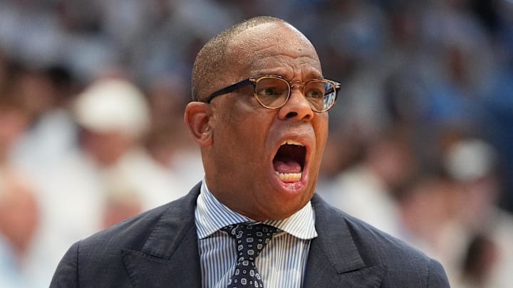 Nov 7, 2025; Chapel Hill, North Carolina, USA;  North Carolina Tar Heels head coach Hubert Davis reacts in the second half at Dean E. Smith Center. Mandatory Credit: Bob Donnan-Imagn Images