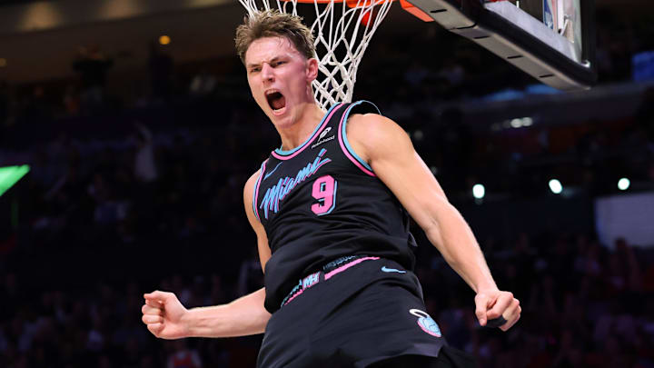 Miami Heat guard Pelle Larsson (9) reacts (Mandatory Credit: Sam Navarro-Imagn Images)
