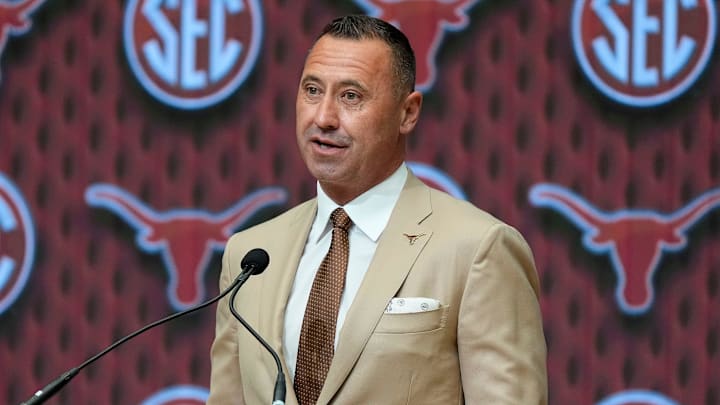 Texas head coach Steve Sarkisian speaks during SEC Media Days at the College Football Hall of Fame in Atlanta.
