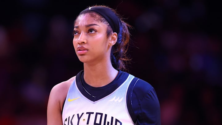 Aug 28, 2025; Phoenix, Arizona, USA; Chicago Sky forward Angel Reese (5) against the Phoenix Mercury at Phx Arena. Mandatory Credit: Mark J. Rebilas-Imagn Images
