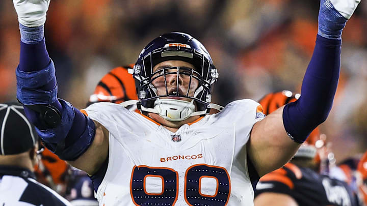 Dec 28, 2024; Cincinnati, Ohio, USA; Denver Broncos defensive end Zach Allen (99) reacts after a play against the Cincinnati Bengals in the second half at Paycor Stadium. Mandatory Credit: Katie Stratman-Imagn Images