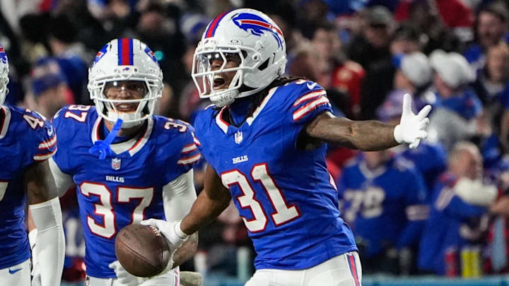 Nov 2, 2025; Orchard Park, New York, USA; Buffalo Bills cornerback Maxwell Hairston (31) intercepts the ball in the second half against the Kansas City Chiefs at Highmark Stadium. Mandatory Credit: Gregory Fisher-Imagn Images