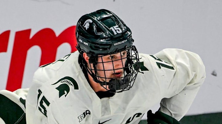 Michigan State's Charlie Stramel moves the puck against Notre Dame during the first period in the Big Ten tournament on Saturday, March 15, 2025, at Muni Arena in East Lansing.