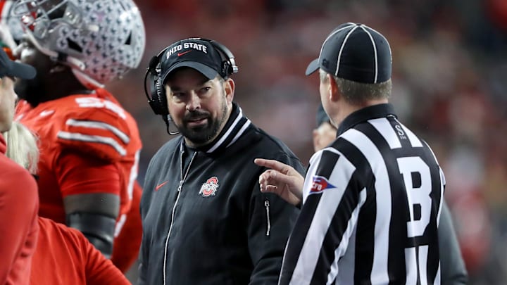 Nov 18, 2023; Columbus, Ohio, USA; Ohio State Buckeyes head coach Ryan Day talks to the officials during the second half against the Minnesota Golden Gophers at Ohio Stadium. Mandatory Credit: Joseph Maiorana-Imagn Images