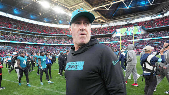 Oct 20, 2024; London, United Kingdom; Jacksonville Jaguars coach Doug Pederson reacts after an NFL International Series game against the New England Patriots at Wembley Stadium. Mandatory Credit: Kirby Lee-Imagn Images