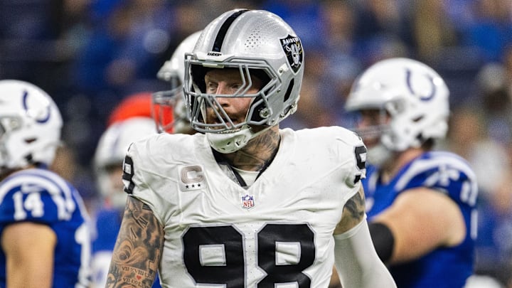 Dec 31, 2023; Indianapolis, Indiana, USA; Las Vegas Raiders defensive end Maxx Crosby (98) in the first half against the Indianapolis Colts at Lucas Oil Stadium. Mandatory Credit: Trevor Ruszkowski-Imagn Images