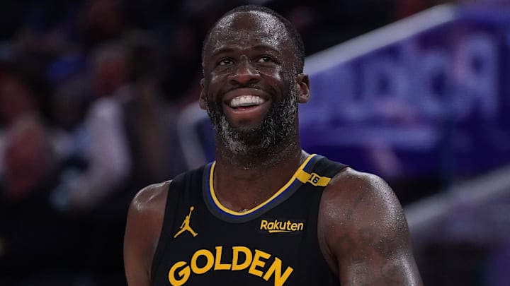 Apr 9, 2025; San Francisco, California, USA;  Golden State Warriors forward Draymond Green (23) smiles during a break in the action against the San Antonio Spurs in the third quarter at Chase Center. Mandatory Credit: David Gonzales-Imagn Images